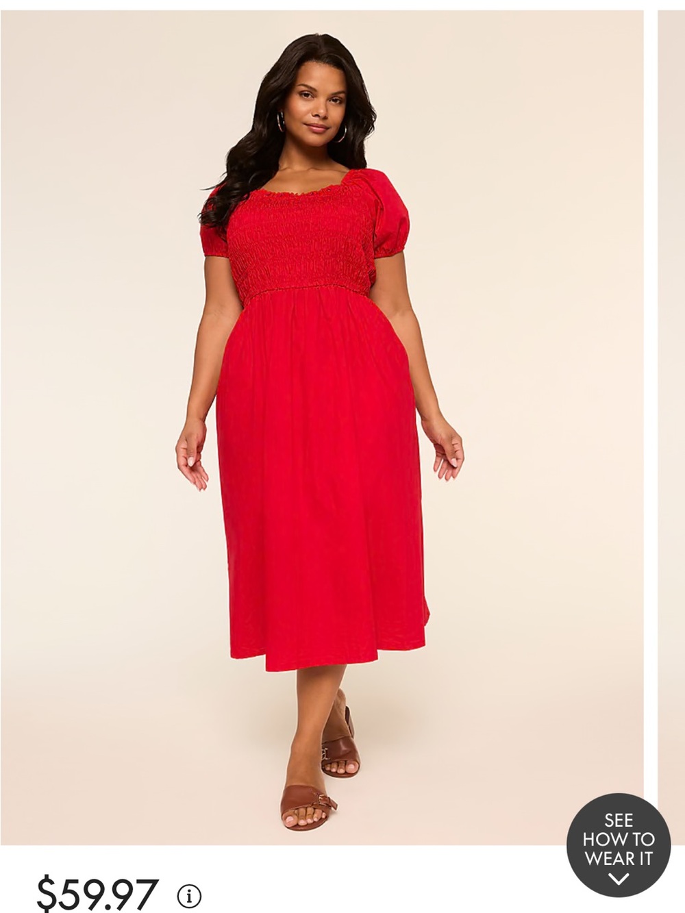 Lane Bryant Red Smocked Midi Dress with Puff Sleeves